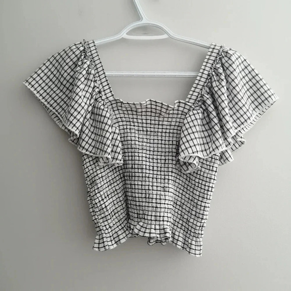 Anthropologie Maeve Gingham Plaid Smocked Ruffle Crop Blouse Flutter Sleeve XS - Picture 4 of 15